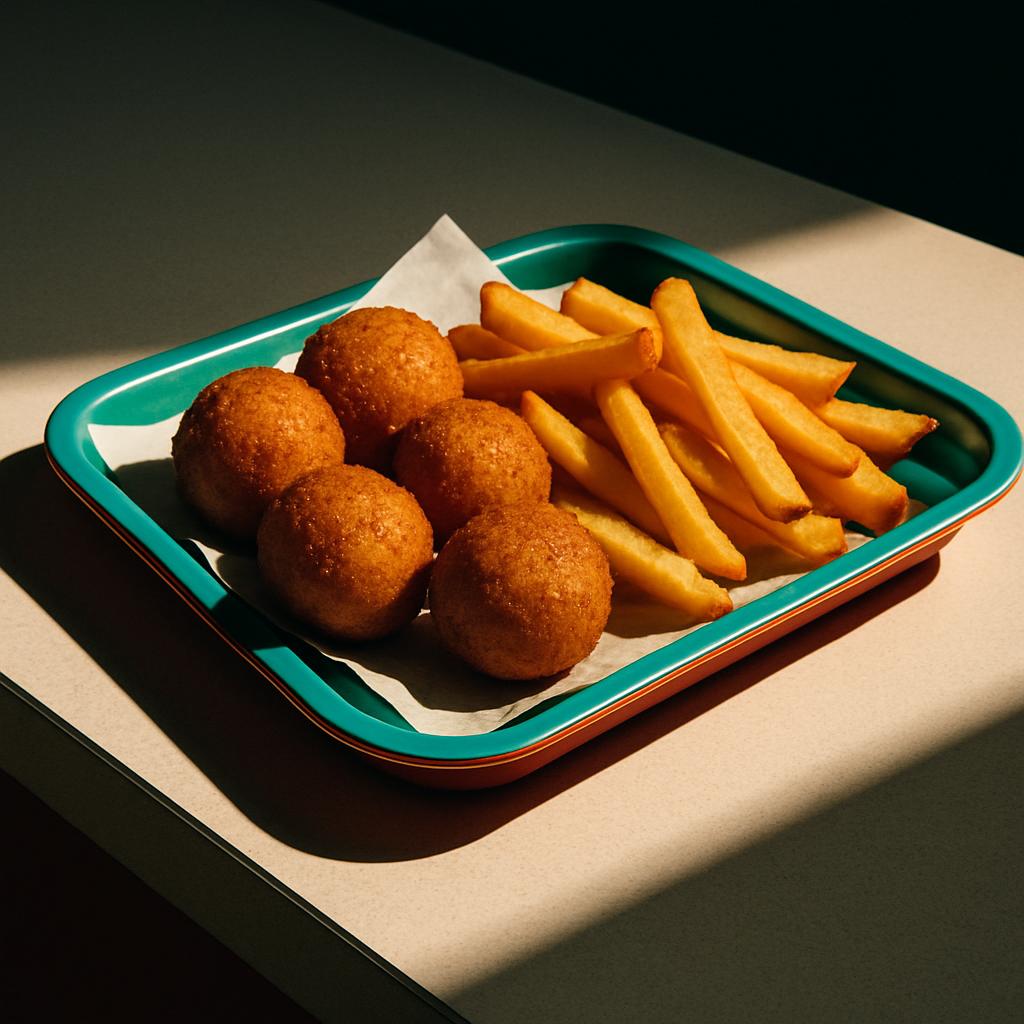 A tray of fried food on a table, casting a shadow cast on the table.