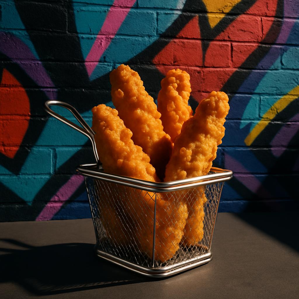 A wire basket containing four pieces of buffered chicken strips stands in front of a colorful graffiti wall. The chicken s...