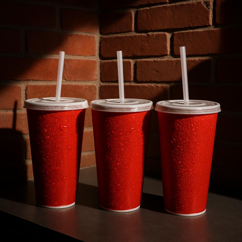 Image of three red plastic cups with white lids and straws. Two cups are positioned on the left side of the image next to ...